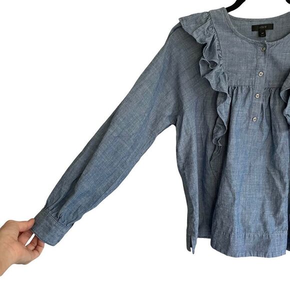 J. CREW Blue Chambray Denim Popover Long Sleeve Shirt Blouse Top Ruffle 4T - Picture 3 of 7